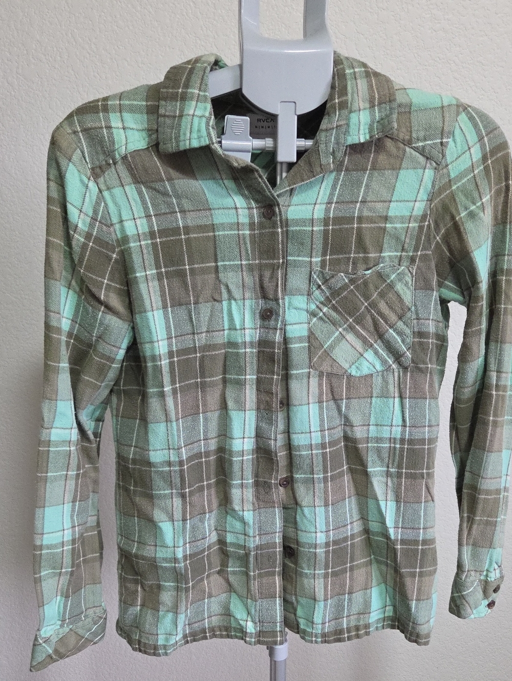 RVCA Mint Green and Olive Plaid Long-Sleeve Button-Down Shirt